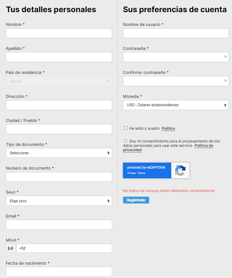 Formulario de registro Apuesto.com México