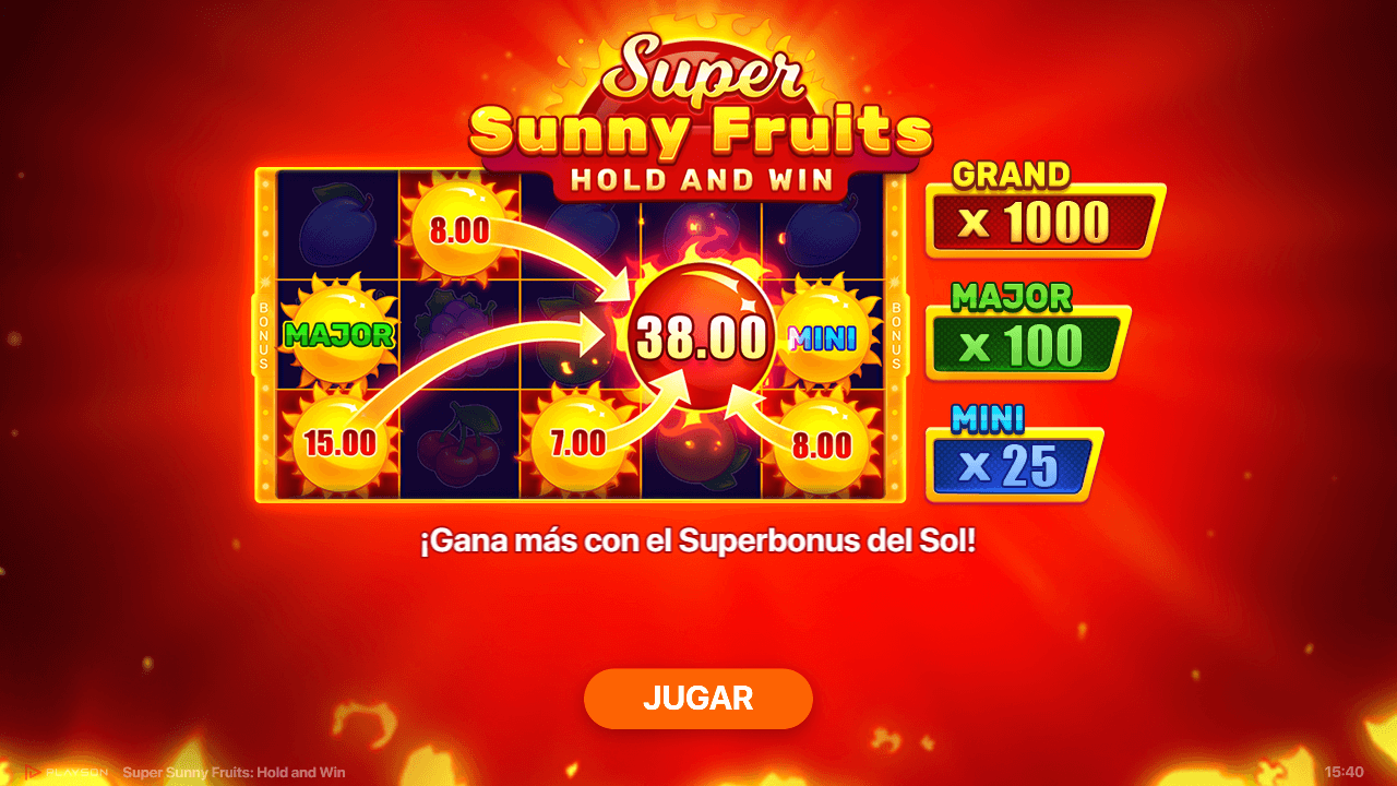 Logo Super Sunny Fruits hold and win tragamonedas México