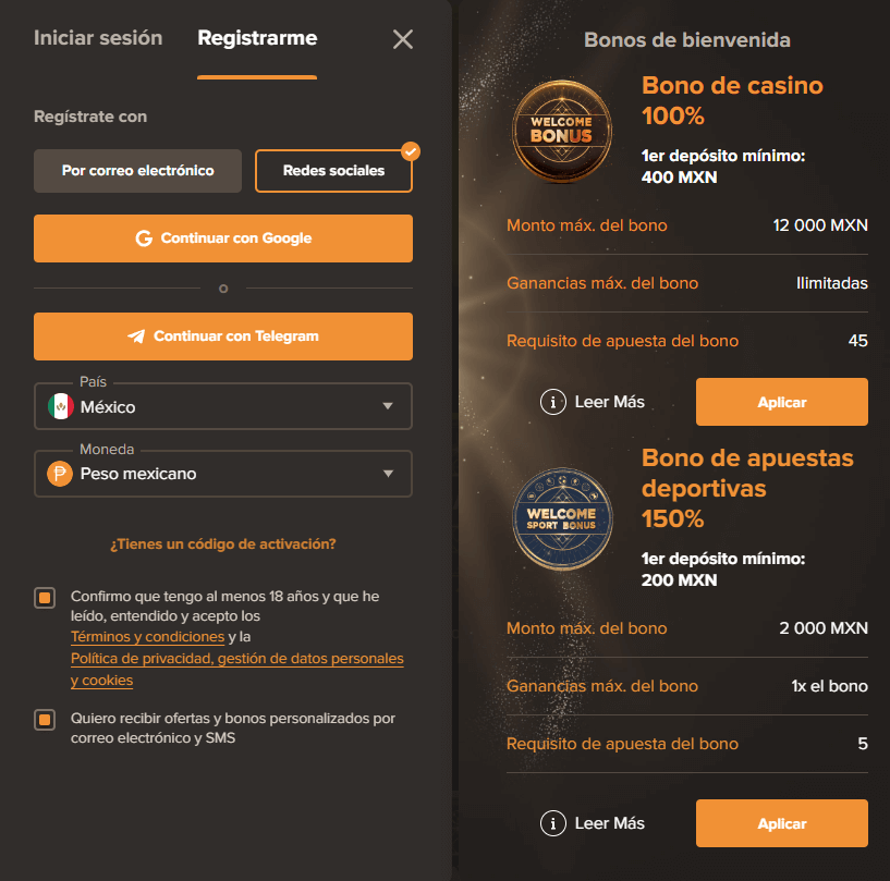 Registro redes sociales Sol Casino México