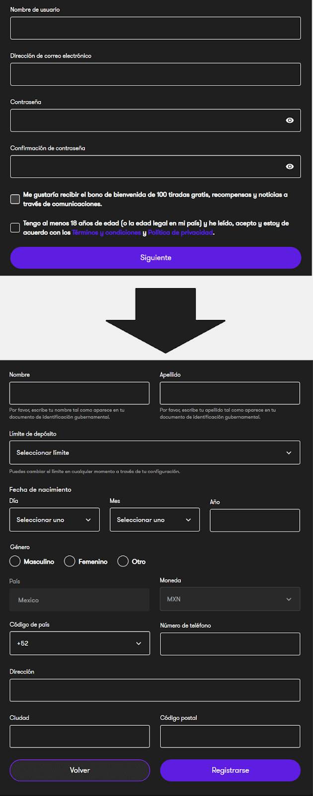 Space Casino formulario de registro