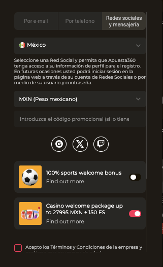 registro apuesta360 con redes sociales
