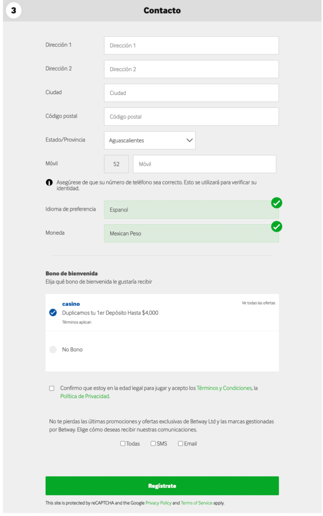 Registro de Betway casino online México