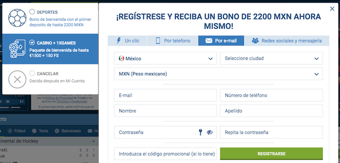 Pasos para registrarte en 1xbet casino online.