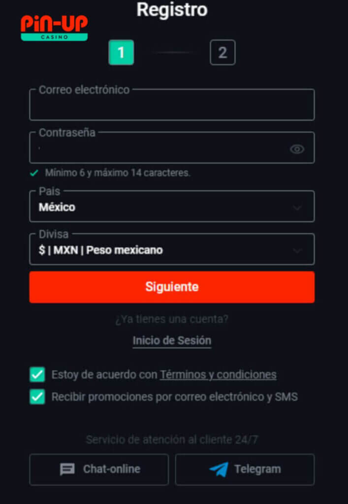 Proceso de registro Pin Up Casino México
