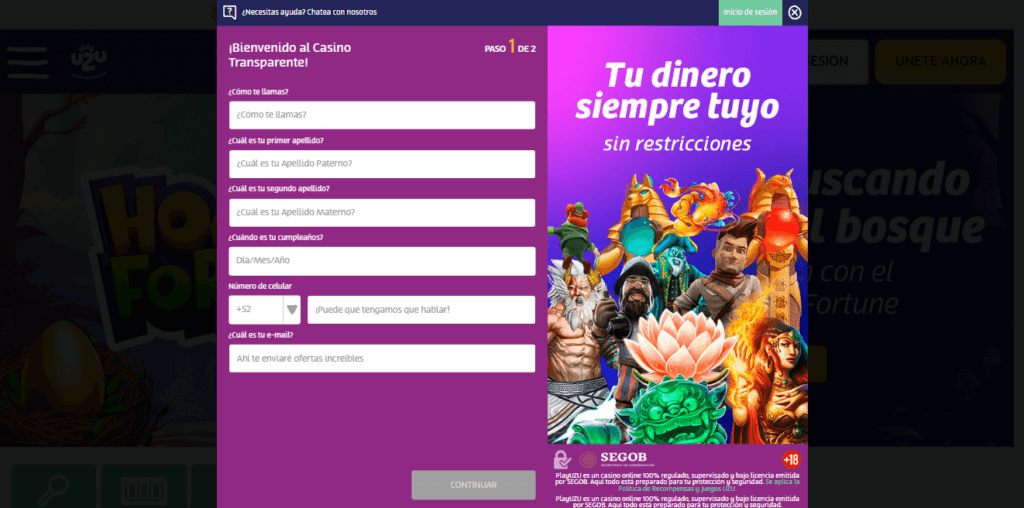 Registro en PlayUZU casino 