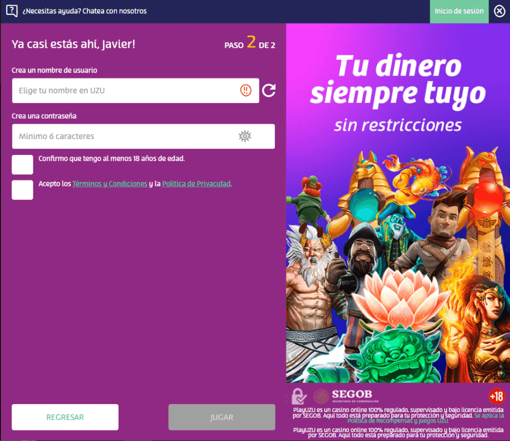 Registro en PlayUZU casino 